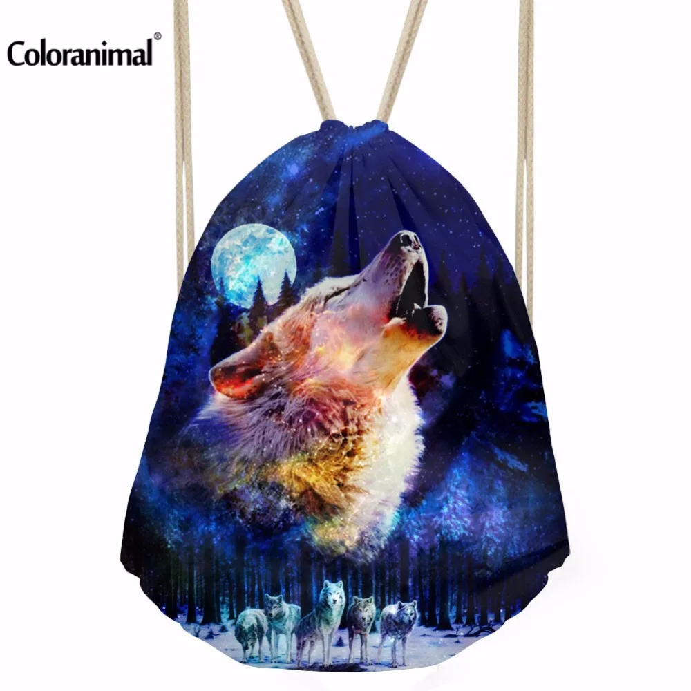 Coloranimal Wolf 3D печать женская сумка на шнурке модная дорожная шоппинг мягкая сумка Mochila Feminina Cinchck для мальчиков и девочек