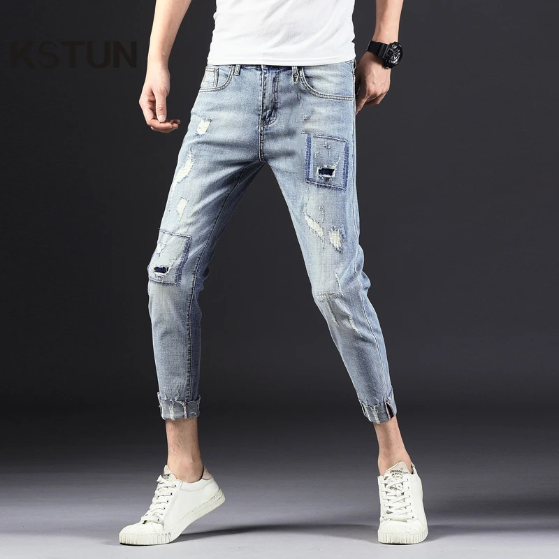 

Jeans for Men Skinny Elastic Light Blue Frayed Broken Holes Torn Hip hop Patched Distressed Men's Clothing Denim Pants Cowboys