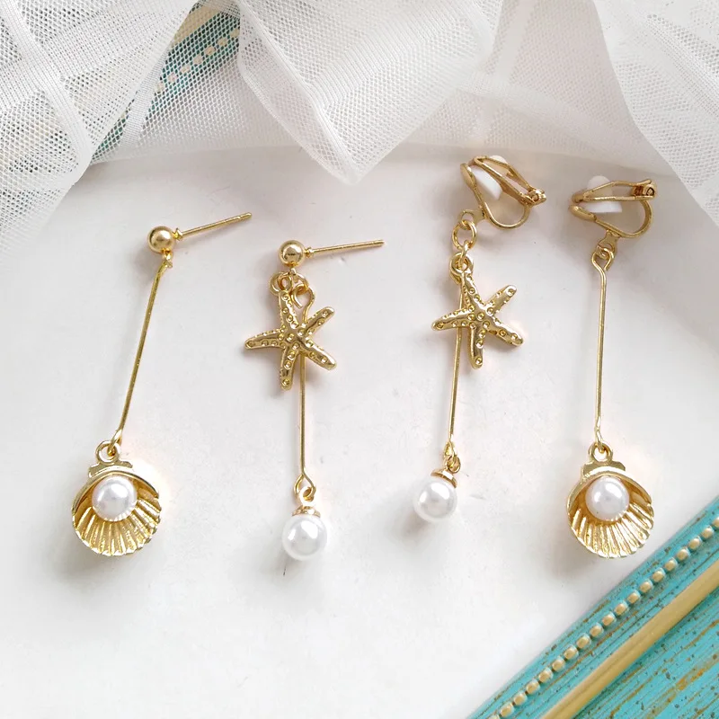 

Golden Romantic Summer Sea Beach Fish Starfish Shell Long Clip Earrings Simulated Pearl Clip on Earrings Without Piercing