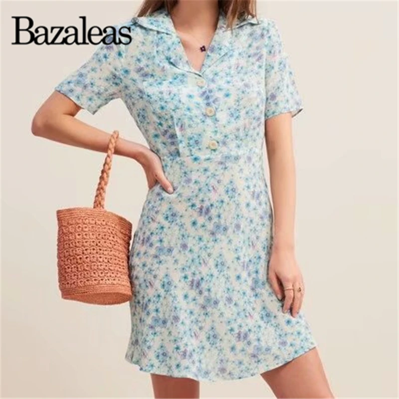 

Bazaleas Vintage V Neck Blue flower Print Summer dress Center Buttons women Dress Casual pocket vestidos Drop shipping