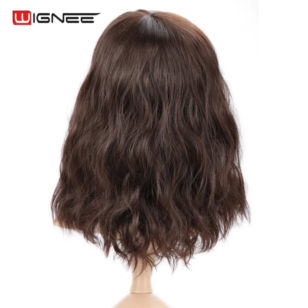 Wignee None Lace синтетические парики с челкой для женщин короткие натуральные волнистые волосы высокотемпературные термостойкие парики