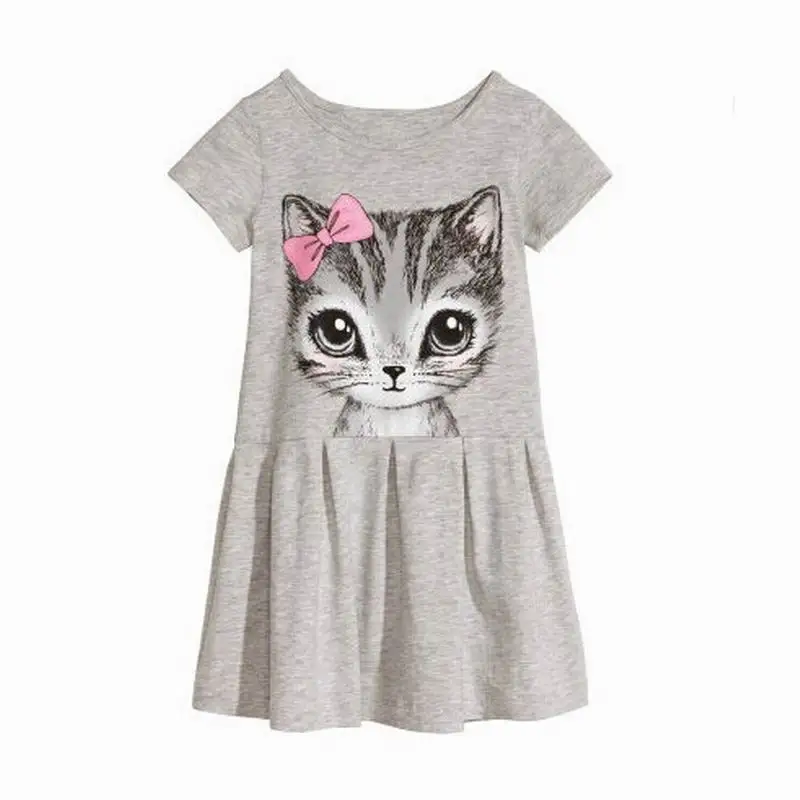

2017 Fashion Summer Girl Dress Cat Print O-neck Girl Princess Dress Children Clothing Grey Pink
