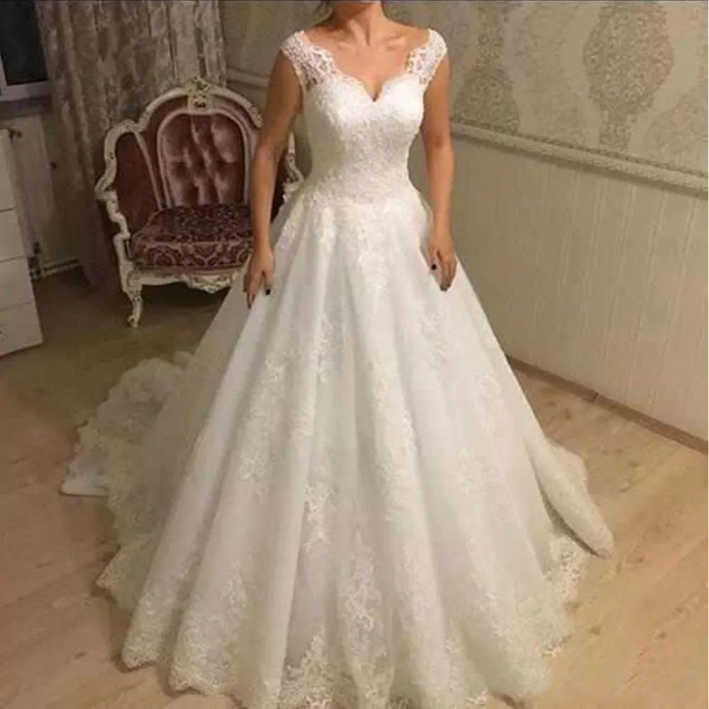 

Vestidos De Novia Elegant A-Line Appliques Wedding Dresses V Neck Backless With Lace Up For Bridal Customized Tulle Bridal Gowns