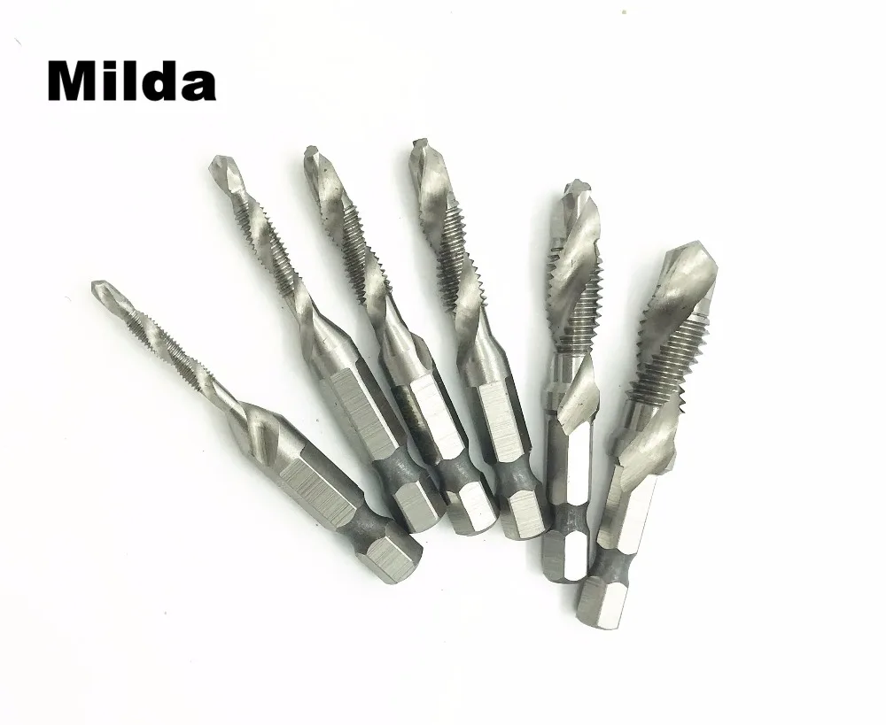 

Milda 1/4'' Hex HSS High Speed Steel Thread Spiral Screw M3 M4 M5 M6 M8 M10 Metric Composite Tap Drill Bit Tap 6pcs/lot