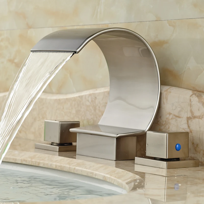 Luxury Waterfall Basin Sink Mixer Faucet Dual Handle Brushed Nickel Finish