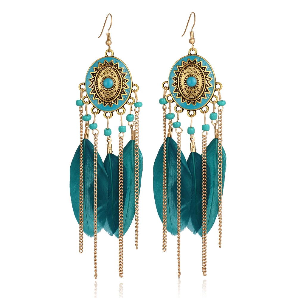 Fashion Created Stone Bohemian Feather Drop Earrings Tassel Beaded