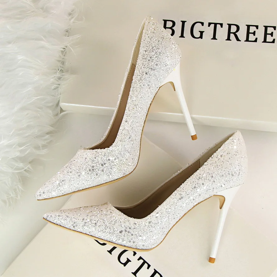 

Women Crystal High Heels 2018 Fashion Sexy Thin Heels Shallow Mouth Women Pumps High Quality Shiny Wedding Party Ladies Shoes