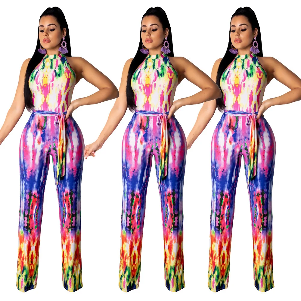 

2019 hot selling Sexy women's sleeveless tie-dyed hollow jumpsuit Full length jumpsuits Print jumpsuits suit for lady