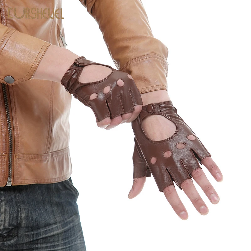 Genuine Leather Gloves Half Finger Mens Driving Gloves Motociclista