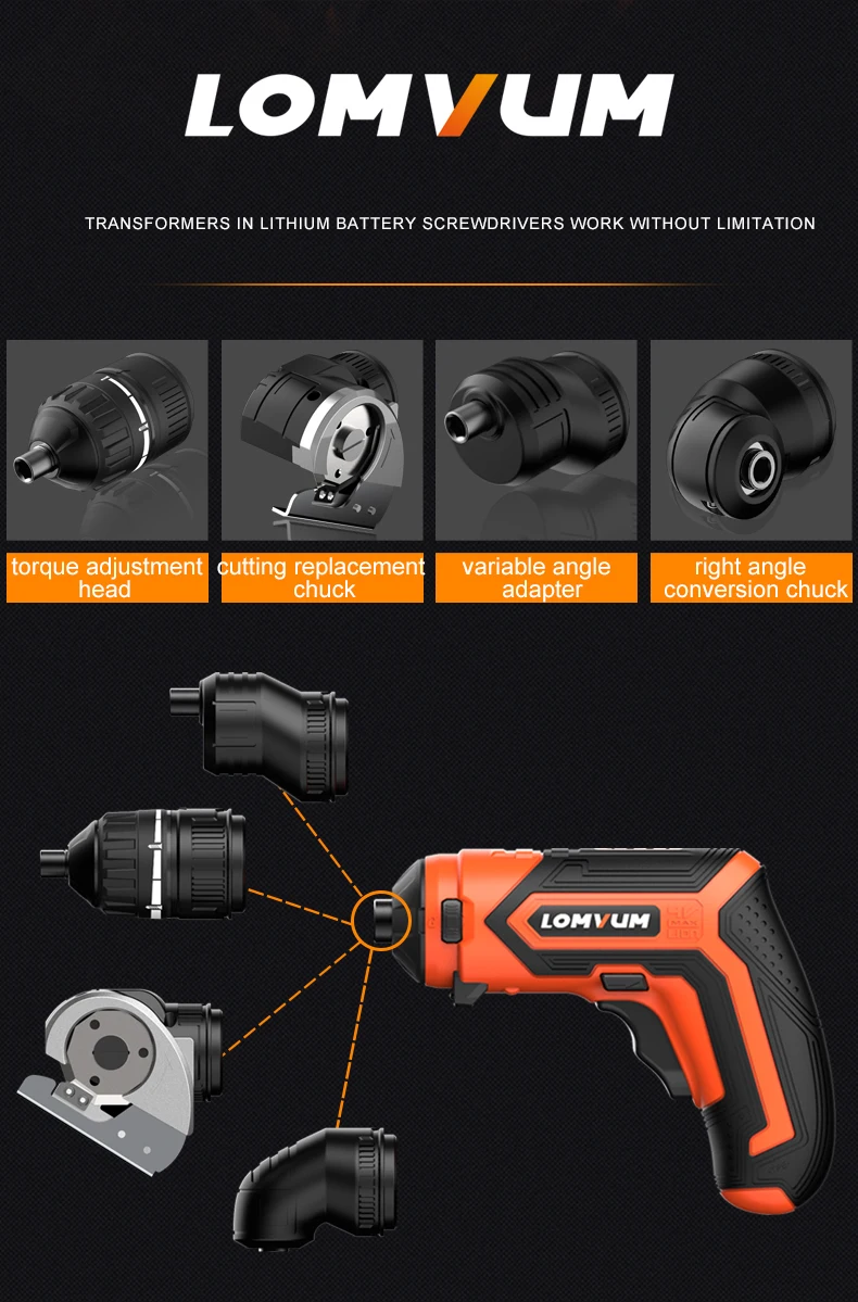 LOMVUM Mini Electric Drill Set 4V USB Rechargeable Cordless Drill 4 Adapter Changeable Multifunctional Home DIY Screwdriver