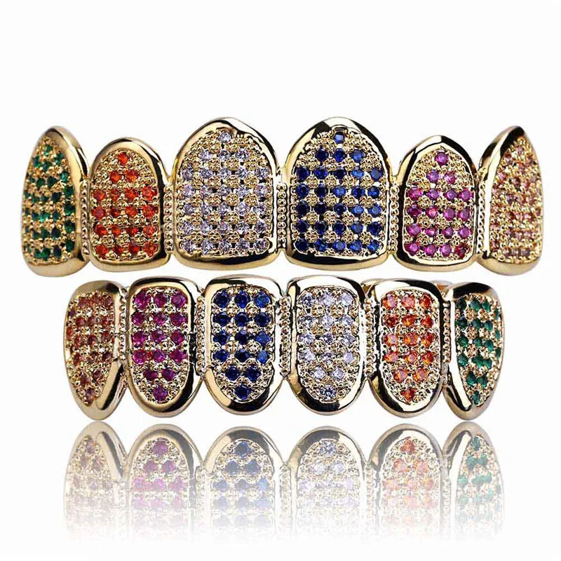 

Bling Micro Pave Cubic Zircon Teeth Hip Hop Colorful Zircon Flat Teeth Round Gold Teeth Sets Teeth Grill Body Jewelry Wholesale