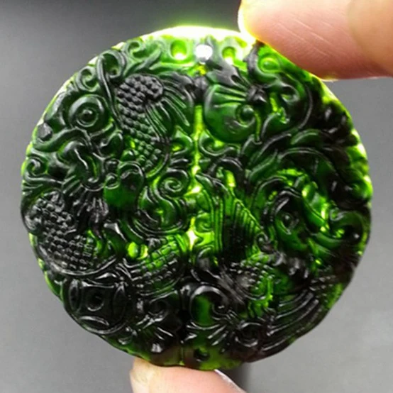 Natural Jades Pendant Black Stone Carved Dragon and Phoenix Gossip