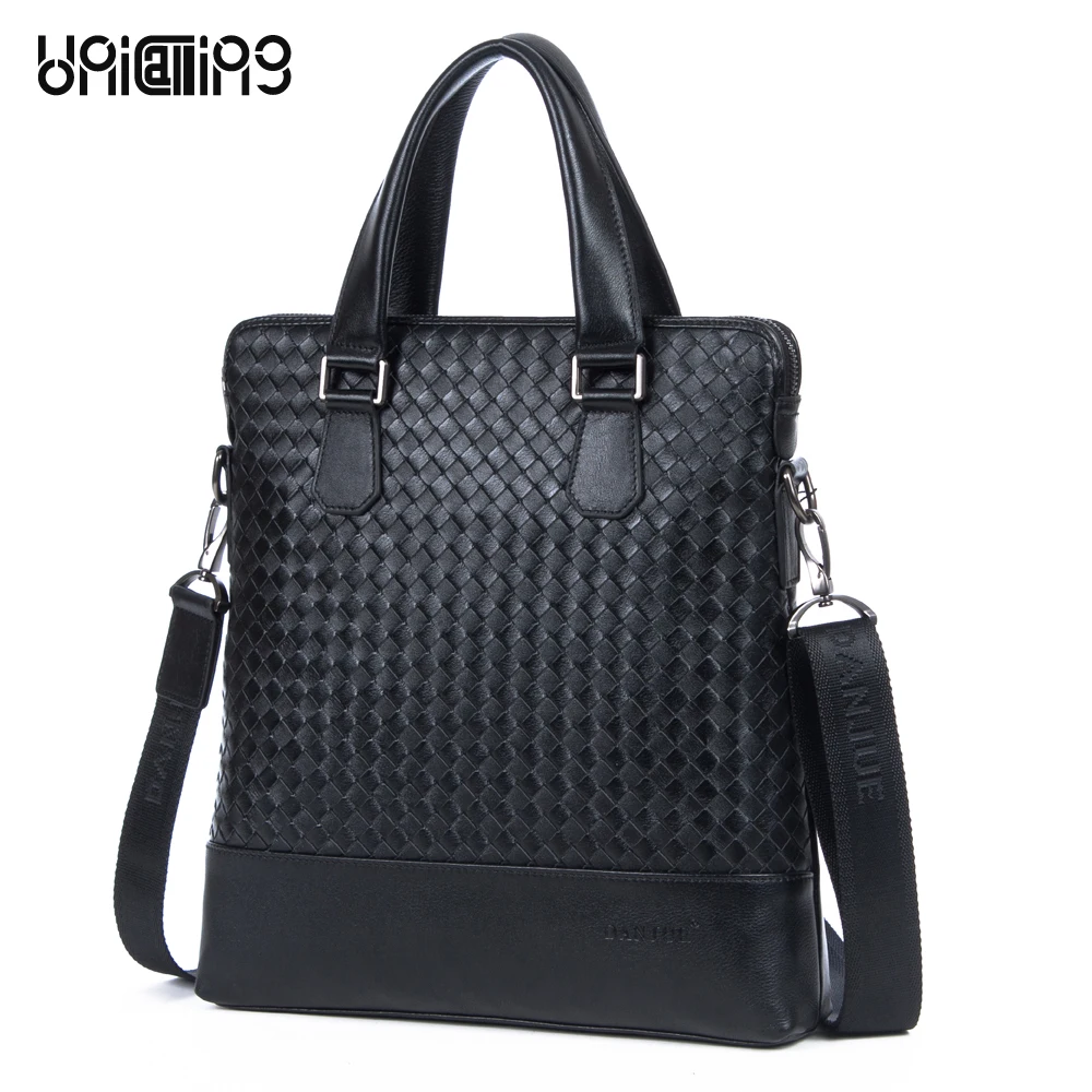 

UniCalling high quality cowhide leather genuine men's vertical briefcase business handbag messenger bag Knitting fashion design