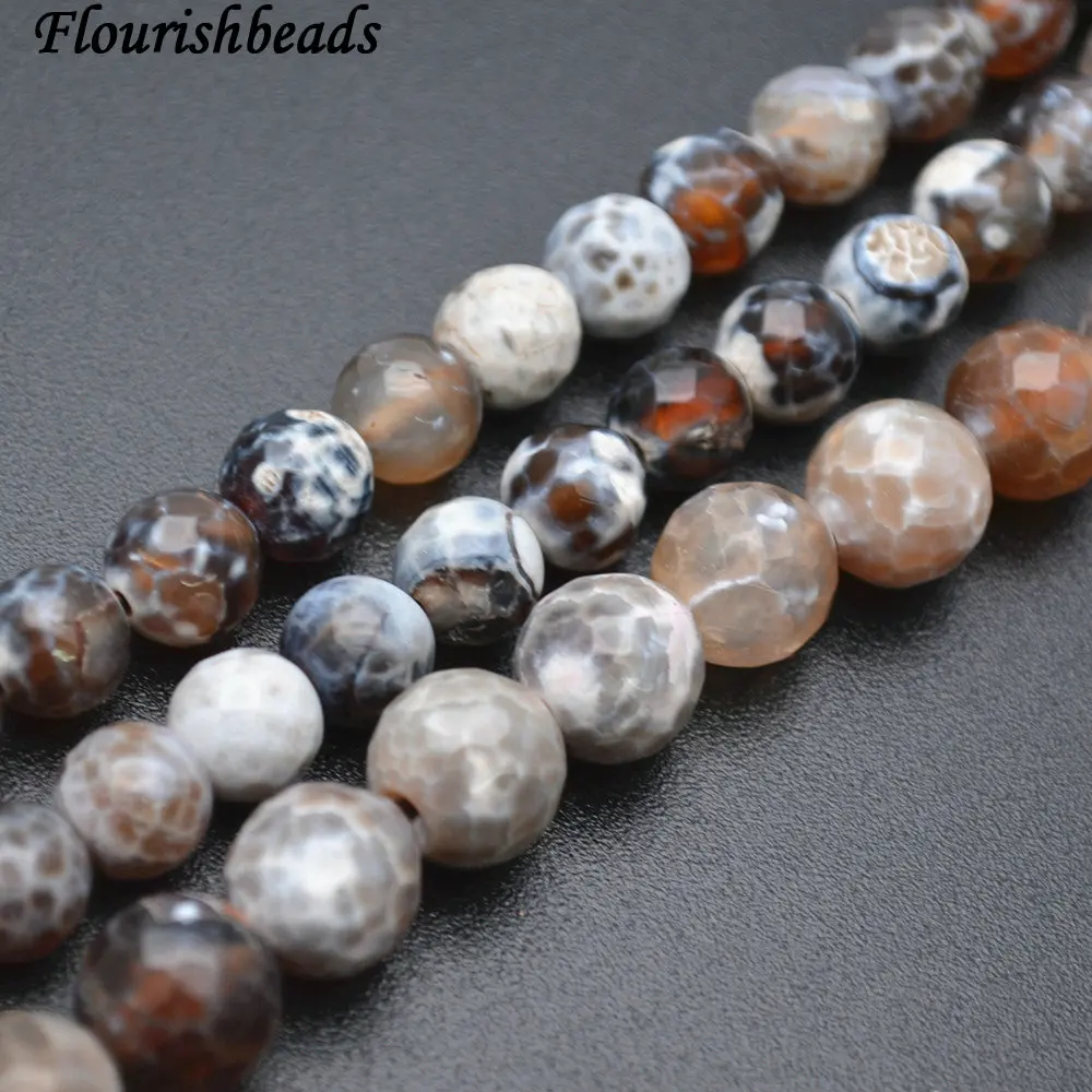 

8mm 10mm Faceted White and Coffee Color Fire Agate Stone Round Loose Beads