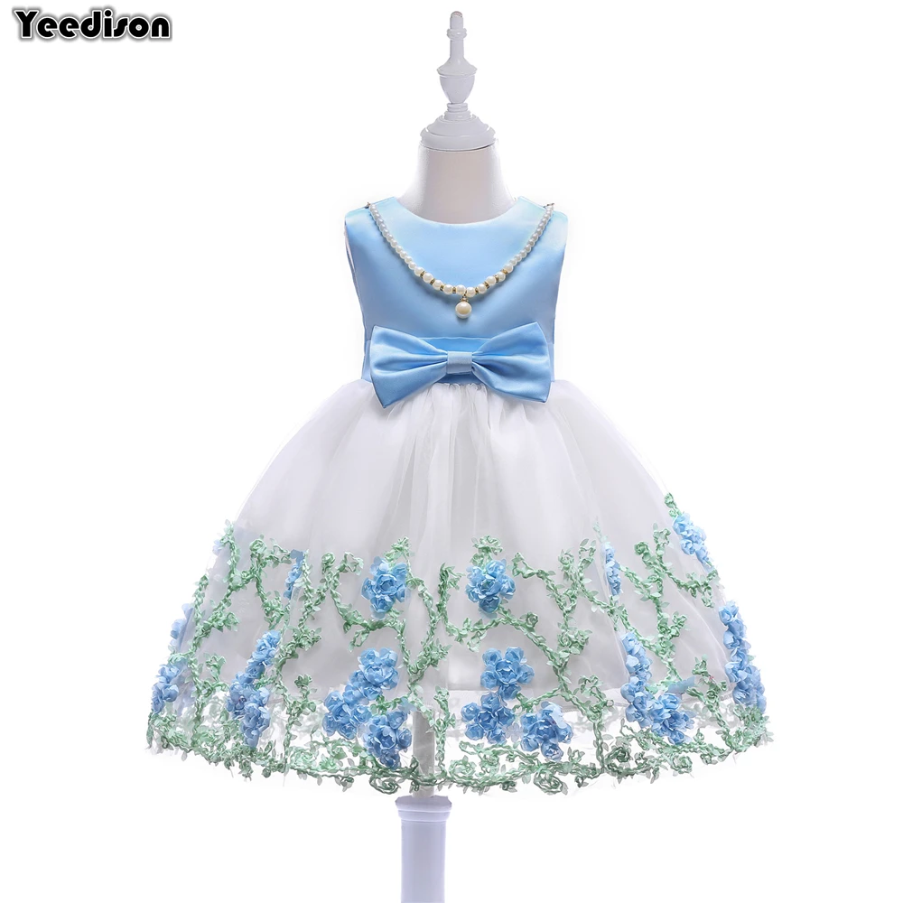 Yeedison 2018 Cute Girls Dress Bow Pearl Kids Party Dresses Children Wedding Costumes For Girls Flower Princess Dress 10 Years (1)