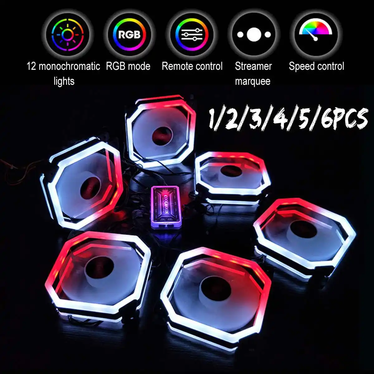 

1/2/3/4/5/6pcs Computer Case PC Cooling Fan 12V 6pin Light RGB Adjustable LED Lamp 120mm Cooler Fan Remote Controller Heatsink