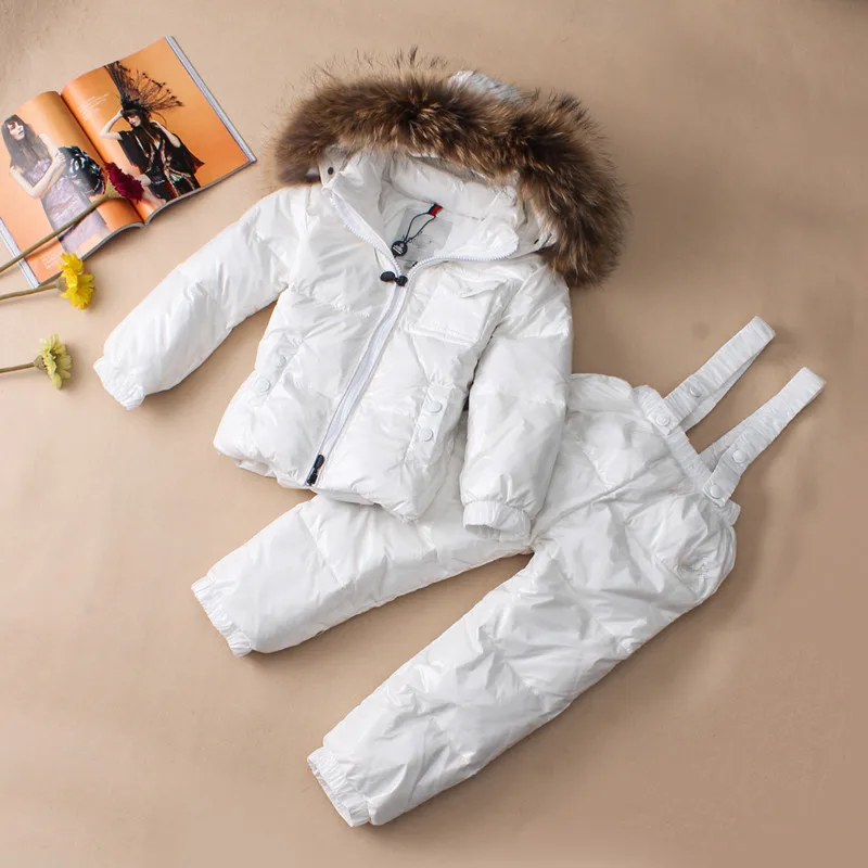 Высококачественная детская верхняя одежда в европейском и американском стиле лыжный костюм для мальчиков и девочек пуховик воротник из меха енота - Цвет: Белый