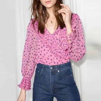 

Floral Printed Pink V-neck Women Pleated Peter Pan Collar Long Sleeve Top Shirt French Style Elegant Women Casual Shirt