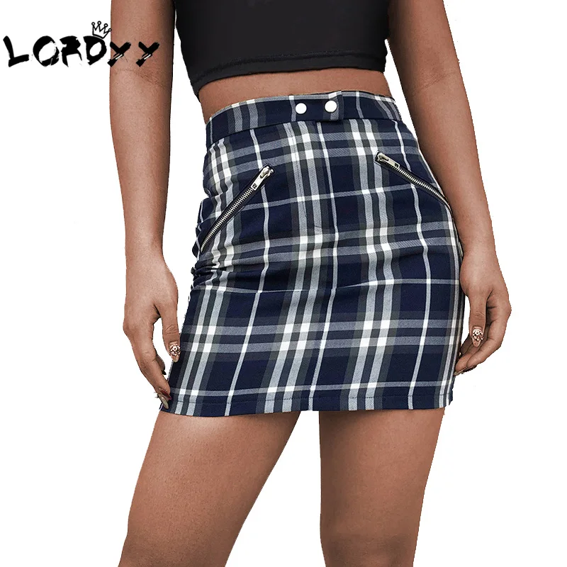 LORDXX Plaid Skirt Women Mini Sexy Pencil Bodycon Mid Waist Vintage Zip