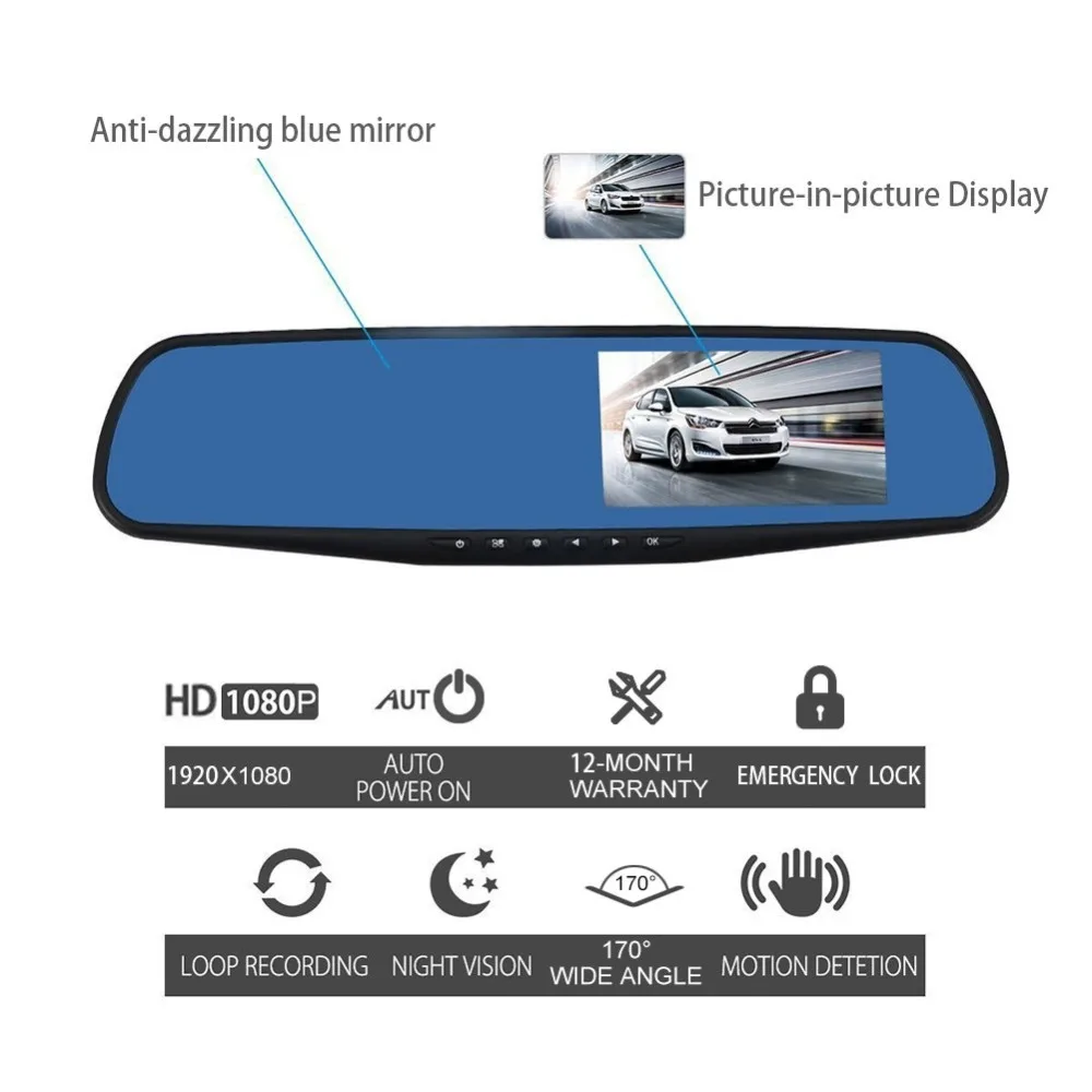 4," lcd HD 1080P автомобильная видеокамера для вождения с двойным объективом для автомобилей, переднее зеркало заднего вида, видеорегистратор с широким углом обзора 170