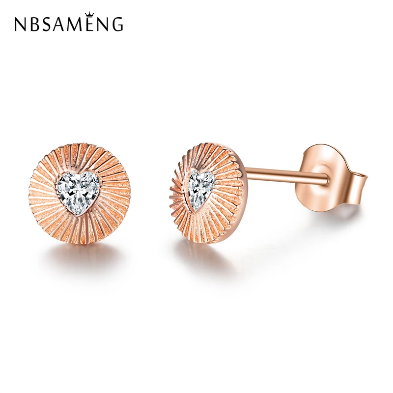

NBSAMENG Original 925 Sterling Silver Vintage Rose Gold Fans Heart Clear CZ Stud Earrings For Women Girls Fine Jewelry Gift