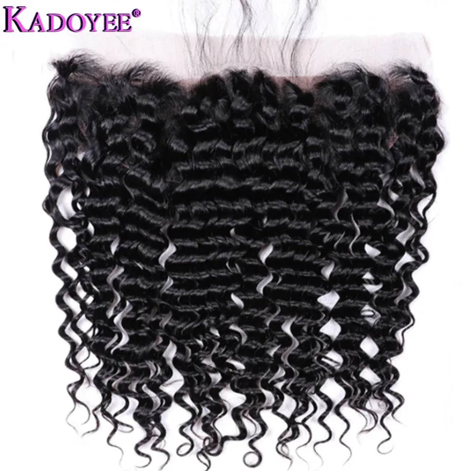 KADOYEE 100% Human Hair Deep Wave Lace Frontal Closure 13X4 Ear TO Ear With Baby Pre Plucked Human Remy Hair Frontal 8-20 Inch