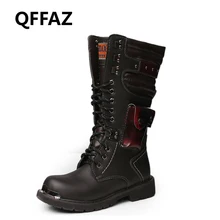 QFFAZ Men Motorcycle Boots knee high boots Winter Cow Split Leather Waterproof Buckle Military Boots Men Shoes Big Size 45