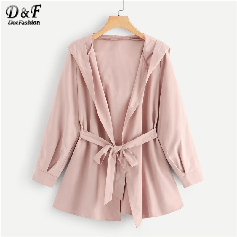 Dotfashion Pink Waist Belted Solid Hoodie Coat Womens