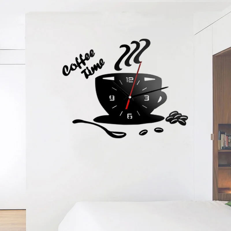 3D DIY акриловые часы настенные часы кухонные украшения для дома кофе тимеклок форма чашки настенные стикеры полые цифровые часы