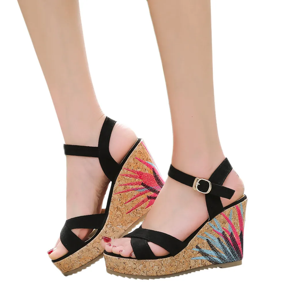 

Summer Ladies Sandals Shoes Woman Platform Wedges Shoes Fashion Belt Buckle Sandals Girl Elegant Print Shoe Sandalias Mujer 2019