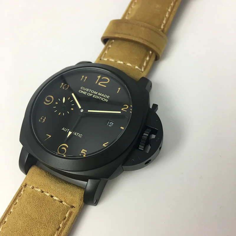 

Top Luxury Brand OUMASHI 44mm Men Automatic Mechanical Watch GMT Leather Strap Black Case luminous leisure sports Wristwatch