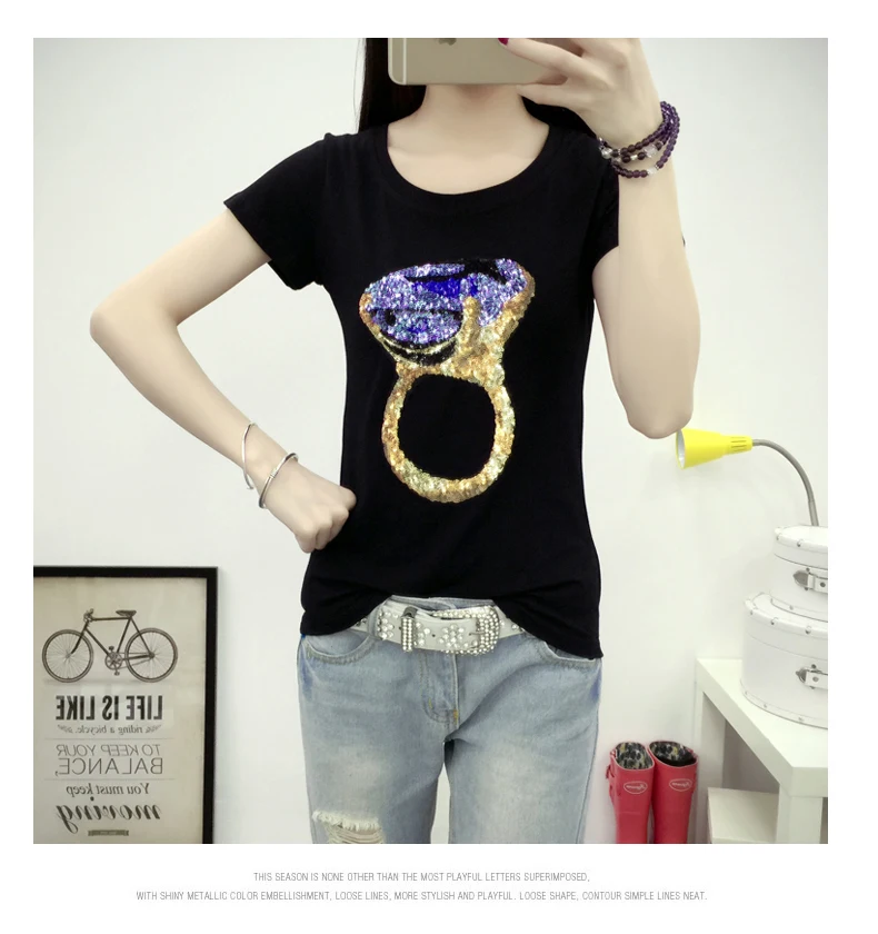 

European style New women s summer cotton short sleeve t shirts cotton 3d printed t-shirts ladies embroidered tops sequin t shirt