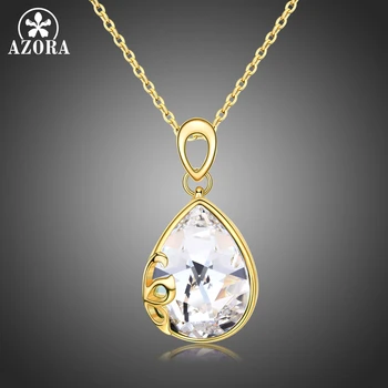 

AZORA Women Fashion Long Chain Pendant Necklaces Pear Cut Clear Austrian Crystals Stone Wedding Jewelry for Female Girls TN0241