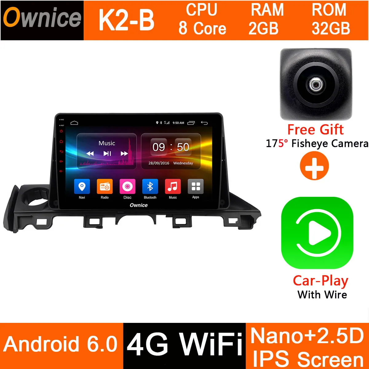 Android 9,0 8 ядерный " ips 1Din 4G+ 32G DSP CarPlay Автомобильный DVD Радио gps Navi плеер для Mazda 6 III 3 GJ Atenza dzda6 - Цвет: K2-B-CarPlay