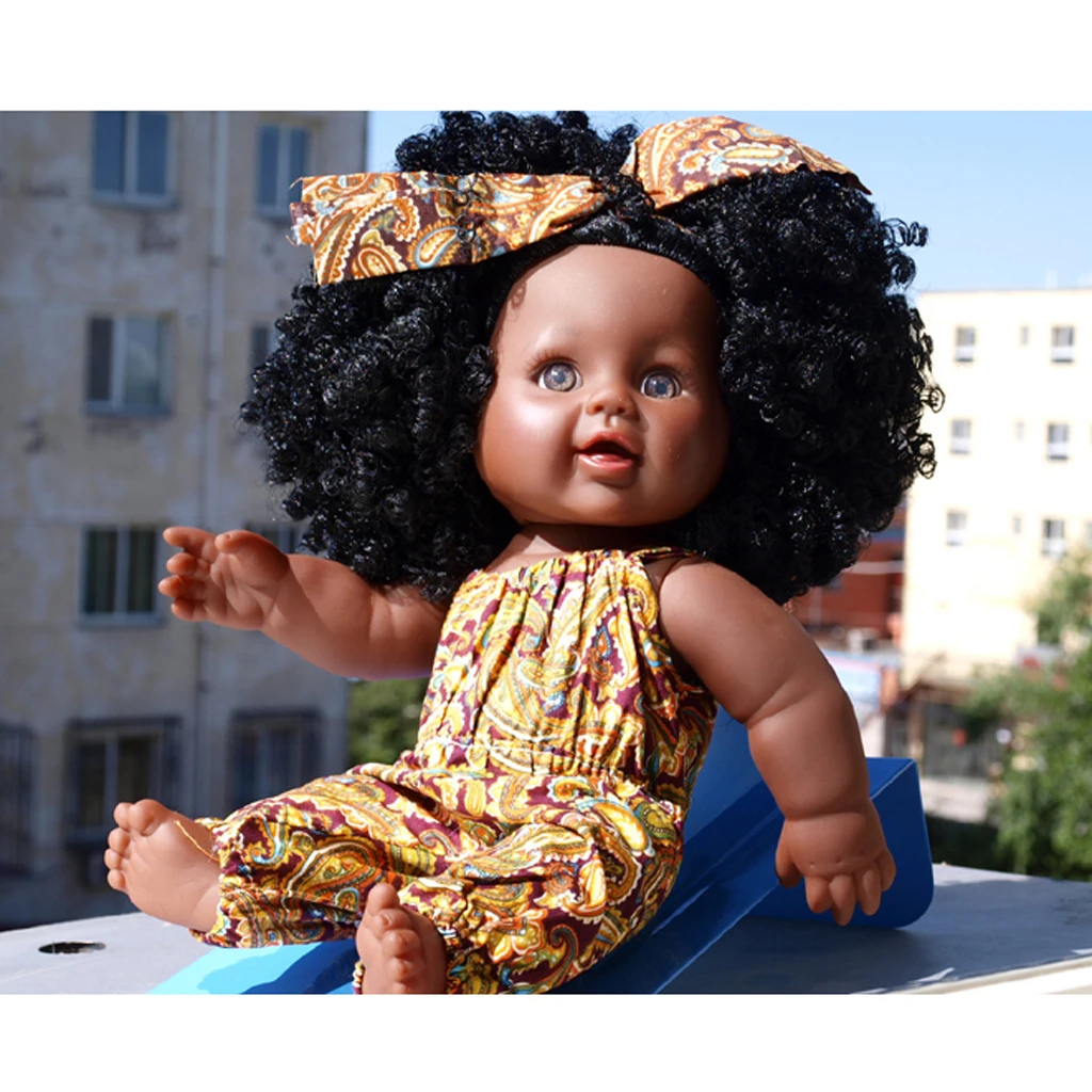Huggable 12inch African American Baby Girl Doll Vinyl Newborn Doll Toddler with Overalls Clothes Children Sleeping Toy