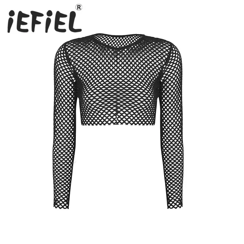 

iEFiEL New Arrival Women Adults See Through Elastic Fishnet Long Sleeve Hollow Out Mesh Nightwear Clubwear T-shirt Cover Up