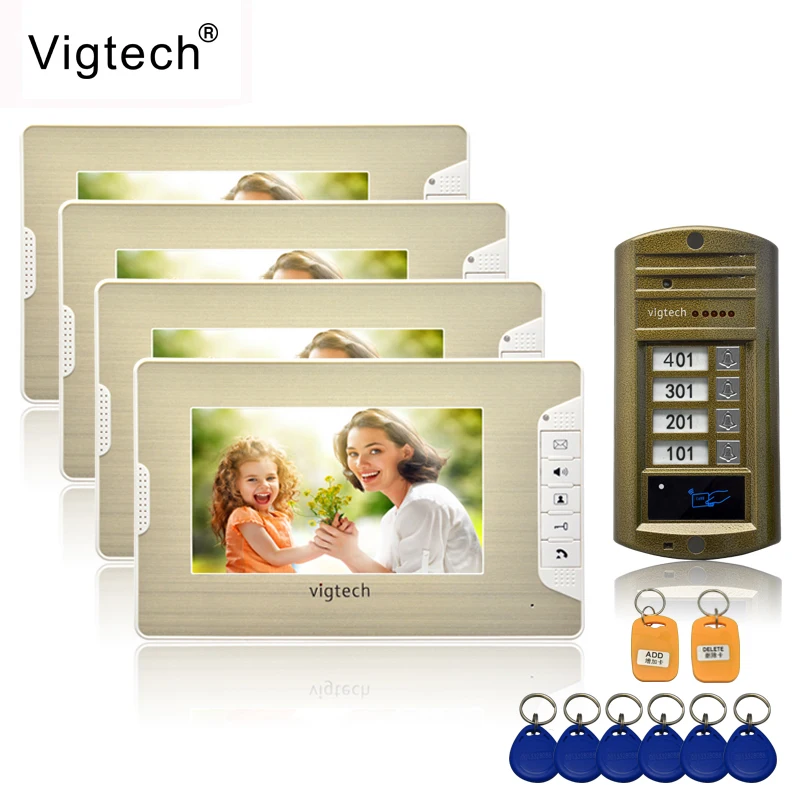 Vigtech 7'' color video door phone 4 monitors with 1 intercom doorbell can control 4 houses for multi apartment RFID Camera