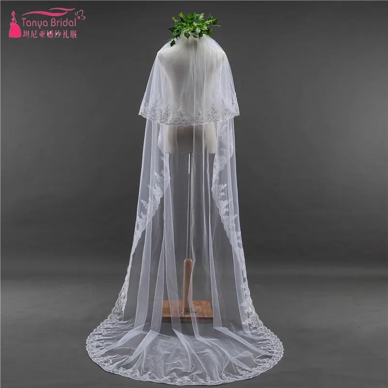 

Two Layers Lace Edge Appliques 3 meters wedding veil with comb bruids haaraccessoires bridal veil HL08