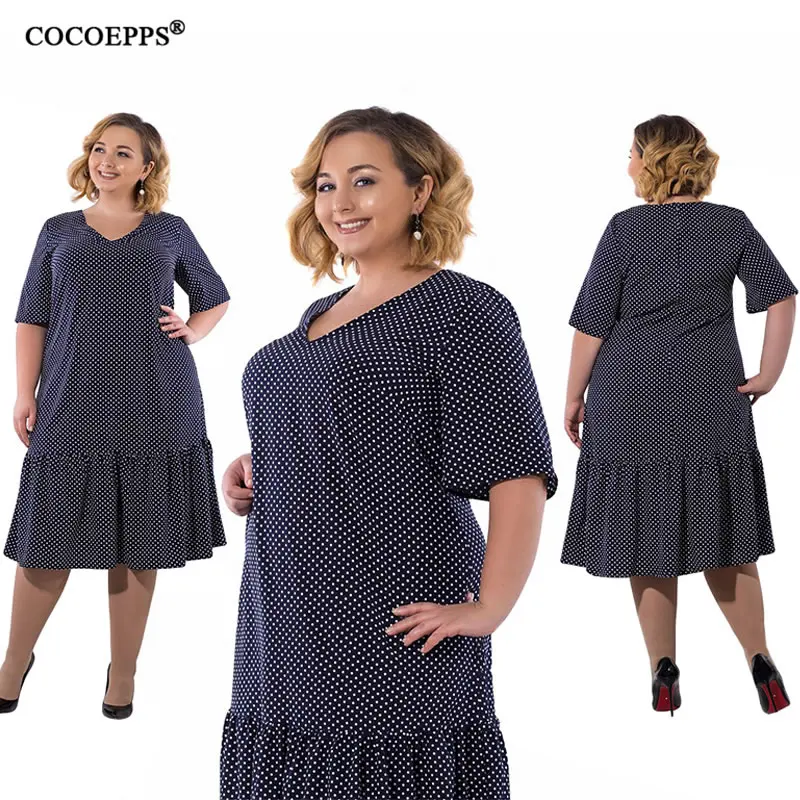 COCOEPPS модные Лоскутные женские платья большого размера нового размера плюс v-образный вырез летнее платье в горошек синий 6XL Vestidos