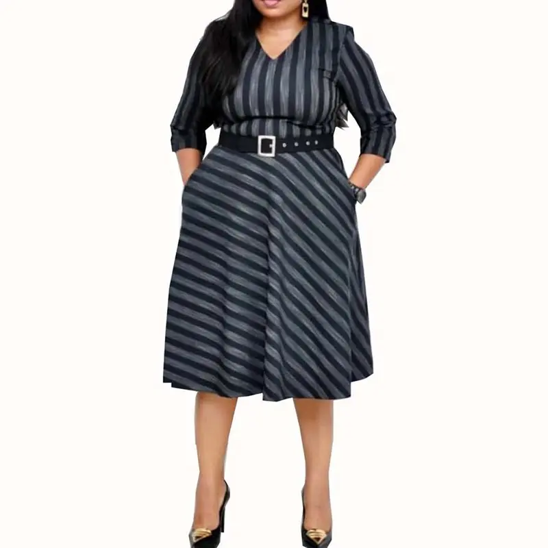 

Stripe Casual African Dress Women Office Stylish Plus Size V Neck Pockets A Line Black Elegant Ladies High Waist Summer Dresses