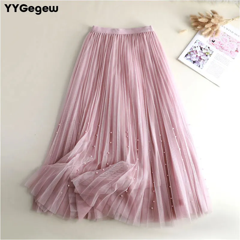 Высококачественная весенне-летняя Тюлевая юбка, Женская плиссированная юбка-пачка, жемчужная трапециевидная сетчатая юбка средней длины, Женская Длинная элегантная юбка - Цвет: Розовый