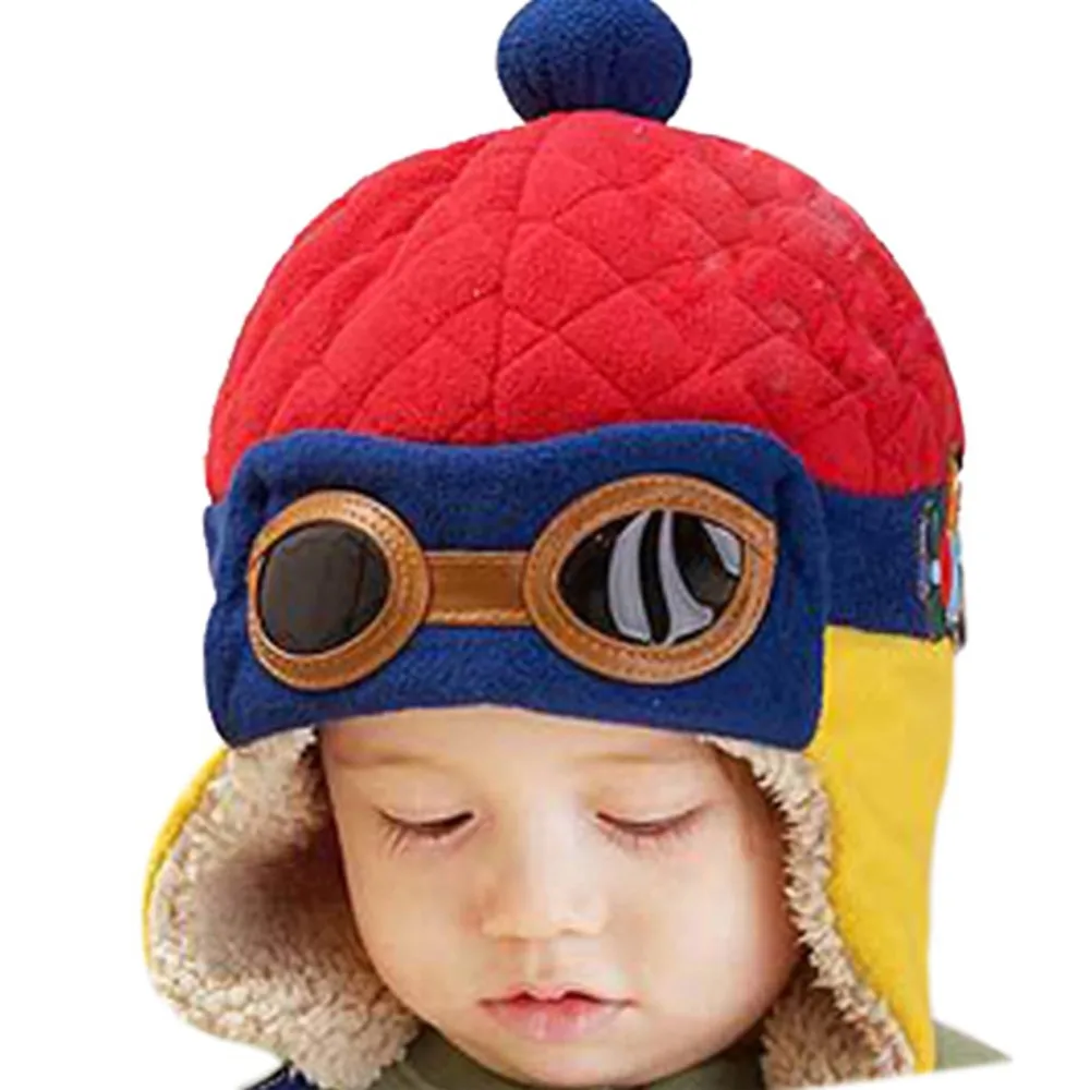 Милая детская зимняя шапка, шлем летчика для малышей, крутая детская зимняя теплая вязаная шапка для детей 0-48 месяцев - Цвет: Красный