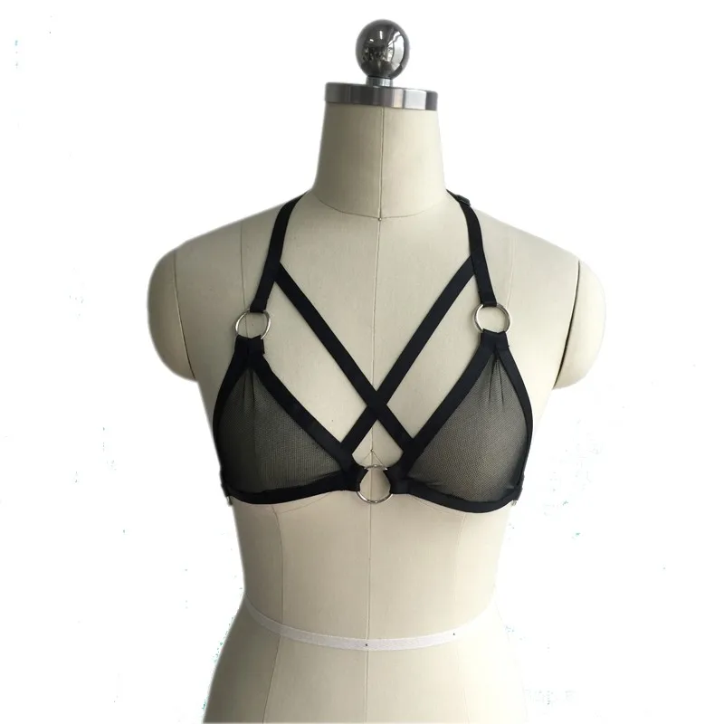 

Sexy Black Criss Cross Cage Bra Triangle Strappy Bralette O-ring Elastic Body Harness 90's Crop Top Bondage Lingerie O0283