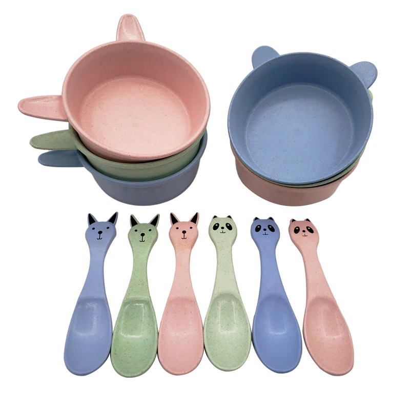 

Baby Feeding Food Tableware BPA Free Wheat Cartoon Kids Dishes Baby Eating Dinnerware Set Anti-hot Training Bowl+Spoon