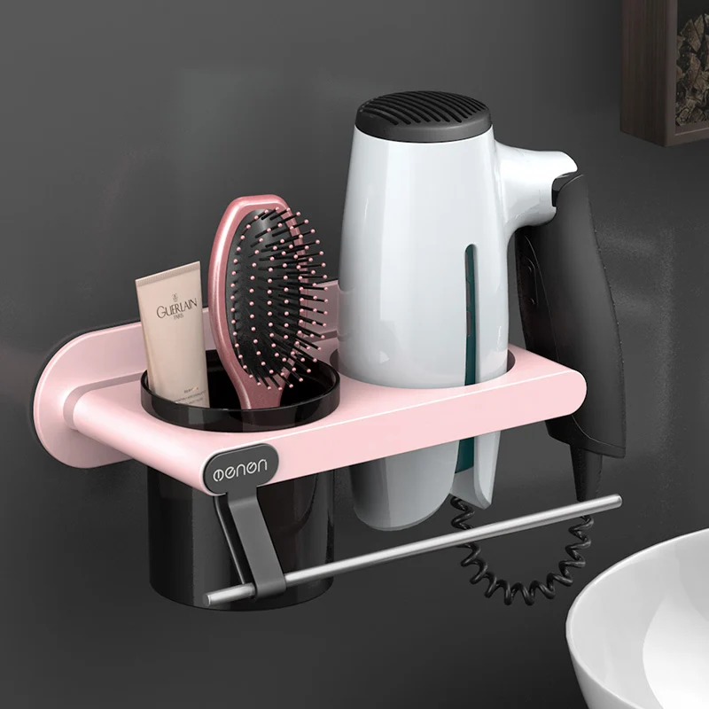 UNTIOR Plastic Hair Dryer Holder with Storage Cup Wall Mount Hair Dryer Shelf Storage Nail Free Bedroom Bathroom Accessories Set - Color: Pink2