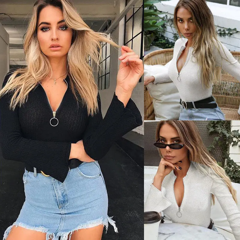 

Women Bodycon Bodysuit V Neck Zipper Long Sleeve Jumpsuit Romper Leotard Tops Sexy Women Clothes