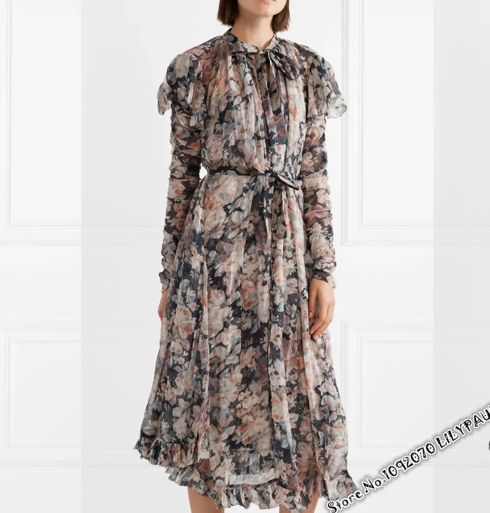 

Women 100% Silk Black Faded Floral Print Elasticated Ruched Sleeves Tempest Frolic dress