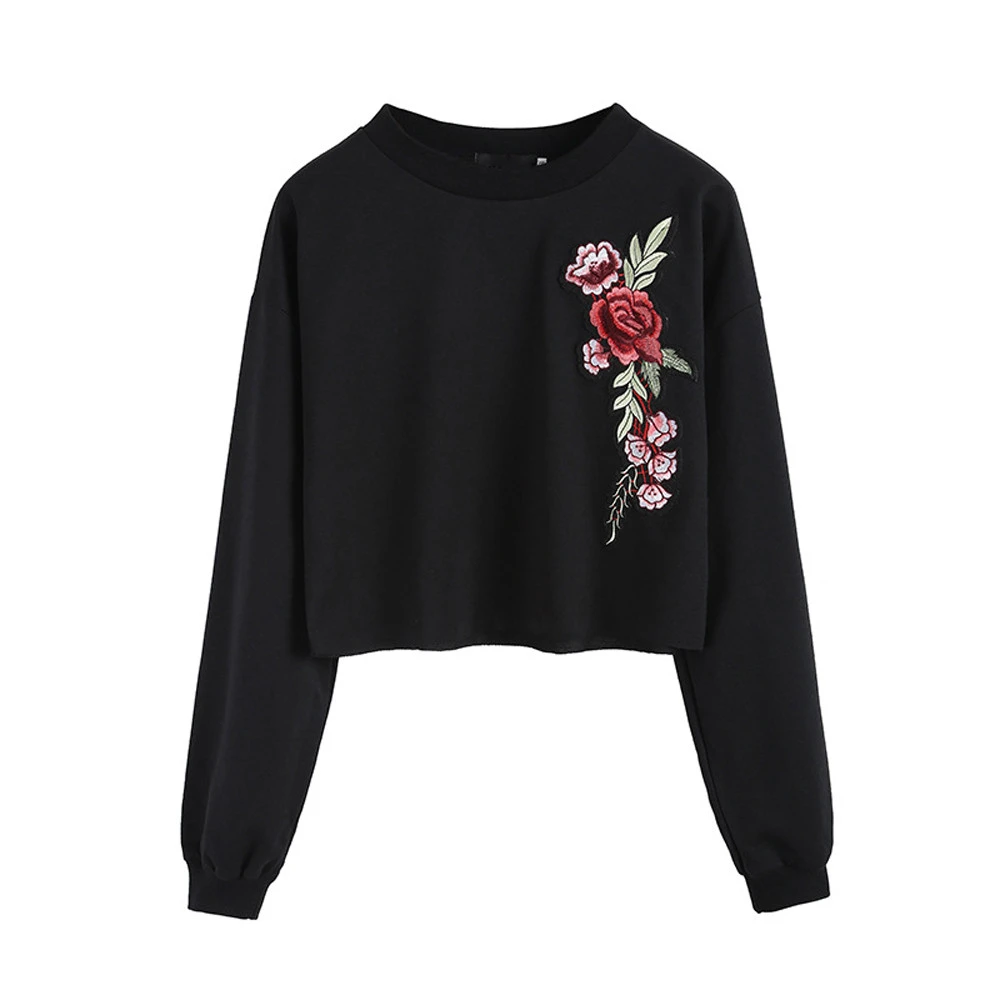 Cropped tumblr para mujer bordado Rosa negro de manga larga suéter Tops blusa sudaderas moleton con capucha y sudaderas| AliExpress