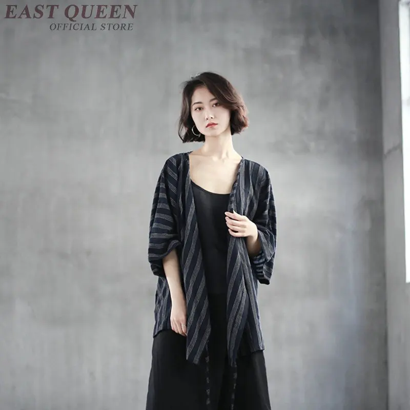 Японская уличная одежда полосатая льняная блузка кимоно Женская женское элегантное японское кимоно юката FF1061