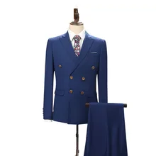 Новое поступление синий свадебный костюм смокинг жениха двубортный костюм для шафера 3 шт.(куртка+ брюки+ жилет) официальный костюм на заказ